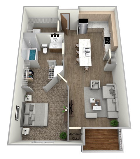 a floor plan of a 1 bedroom apartment at the village at mill landing at Pinehurst Apartments, Minnesota, 56425